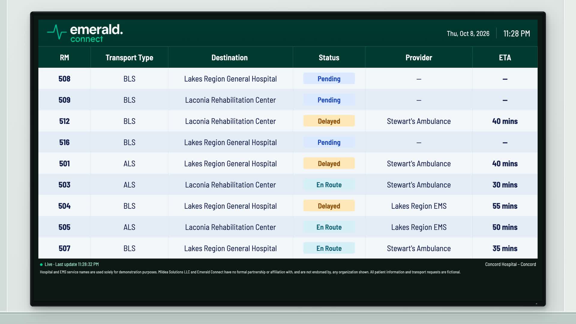 Emerald transportation board with fictional requests, live status updates, providers, and arrival estimates.