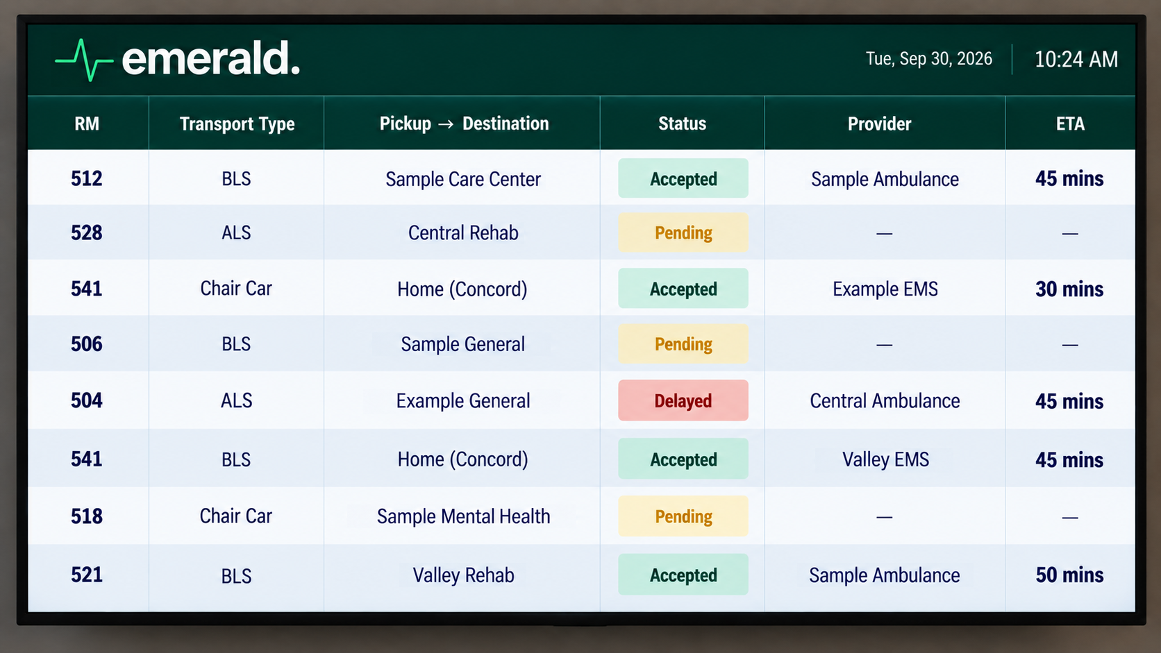 Emerald Connect transport board concept with fictional requests and statuses.
