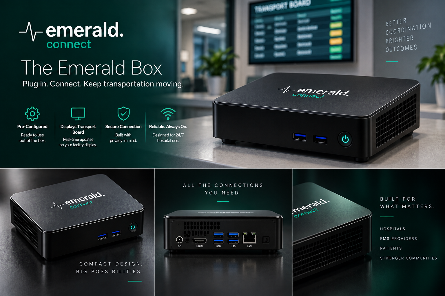 Emerald Box hardware concept, a compact device with display connections.