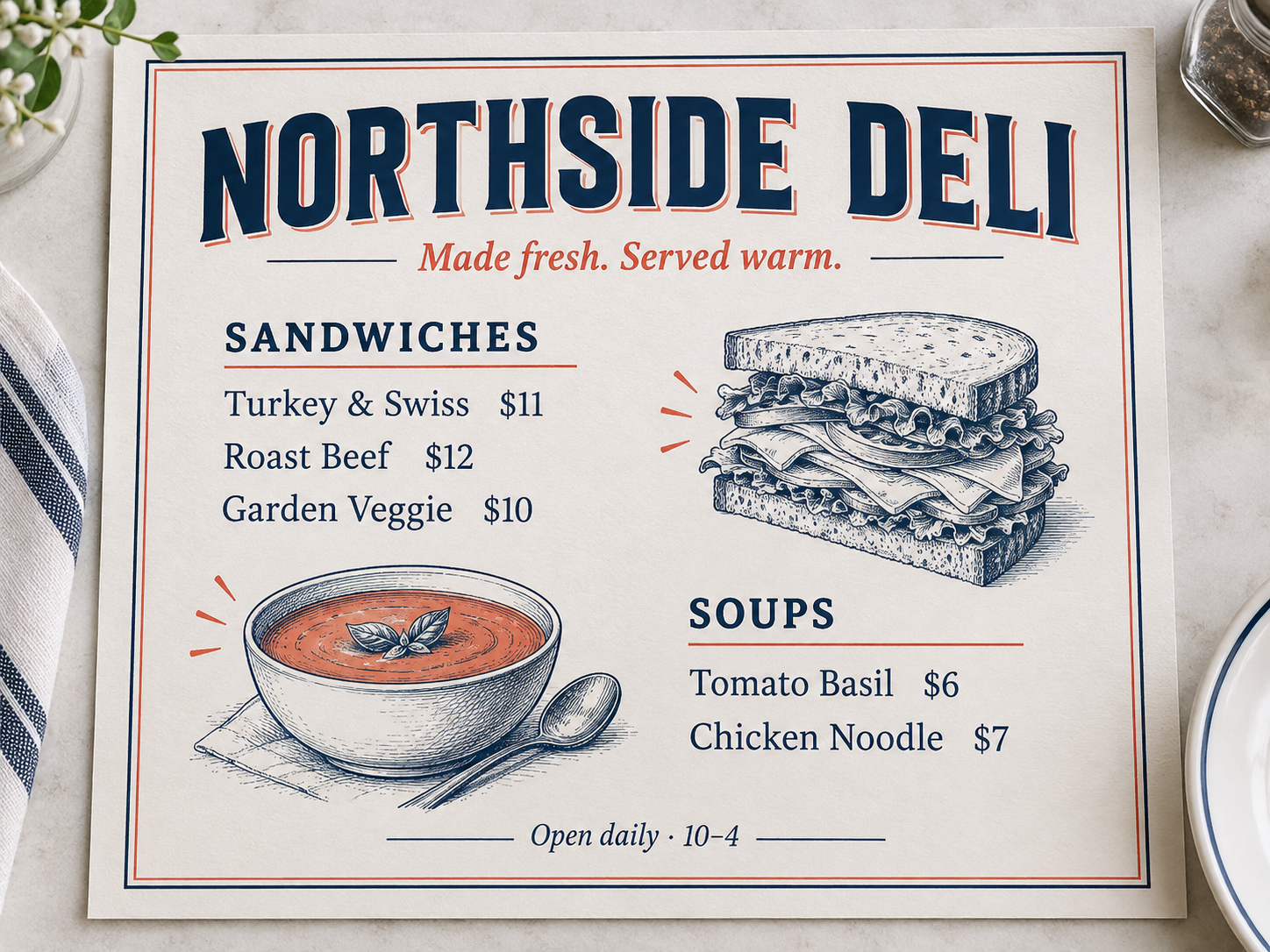 Menu concept for the fictional Northside Deli.